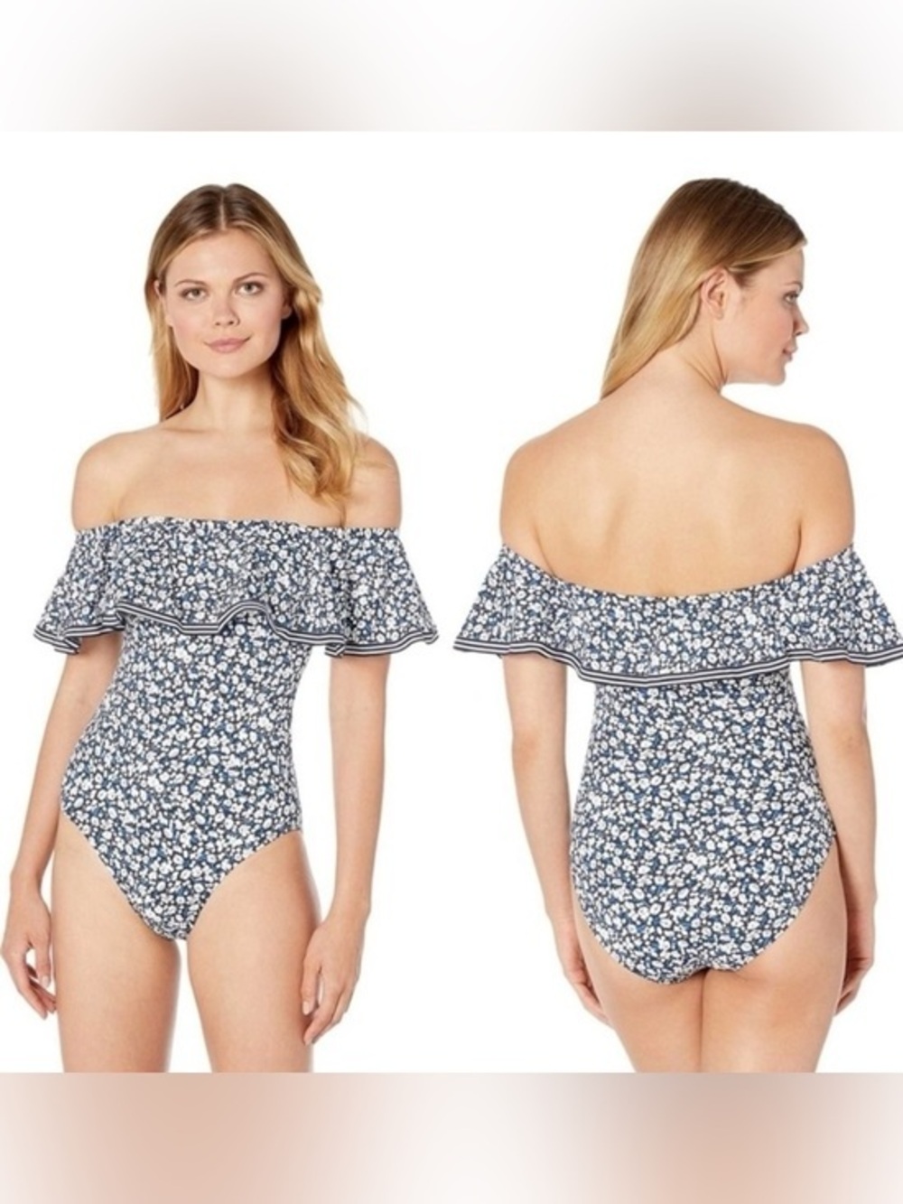 EUC Ralph Lauren Blue Floral Print Off the Shoulder Swimsuit Size 8
